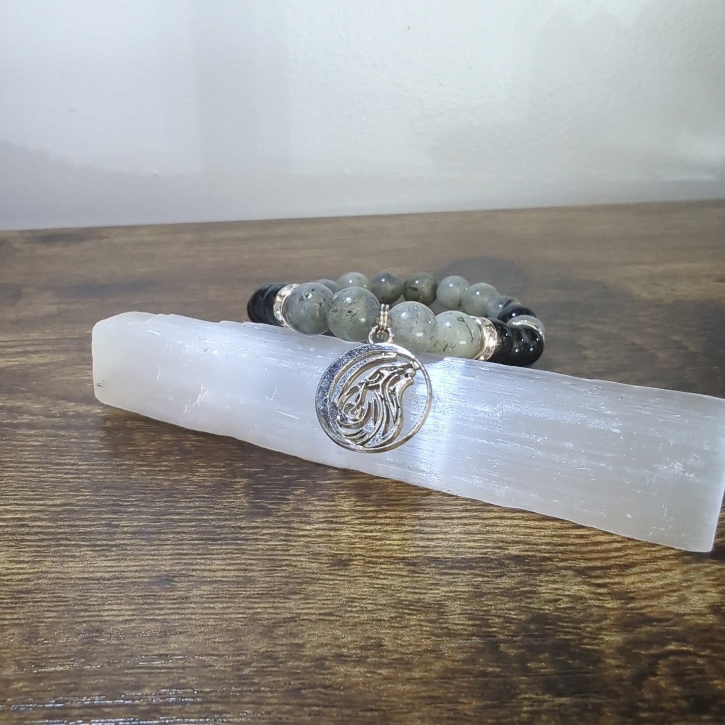 Blue Labradorite and Black Tourmaline with Wolf Charm Bracelet