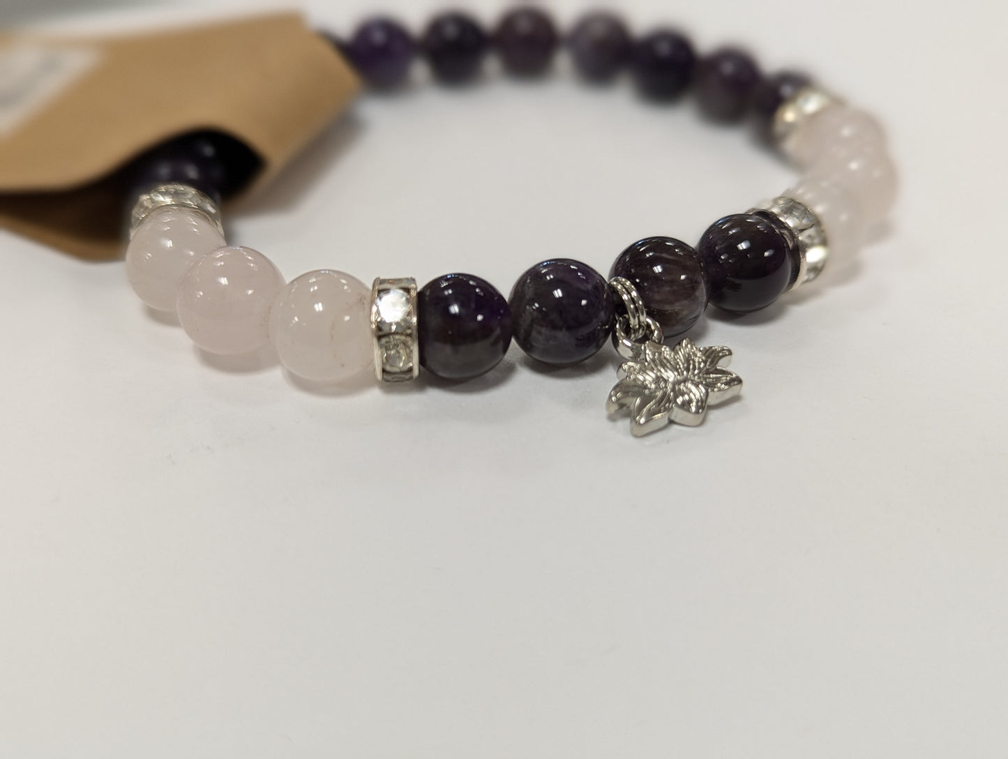 Amethyst Crystal Rose Quartz Lotus 8mm, Charm Bracelet