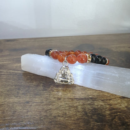 Carnelian W/ Black Onyx Happy Buddha Charm Bracelet