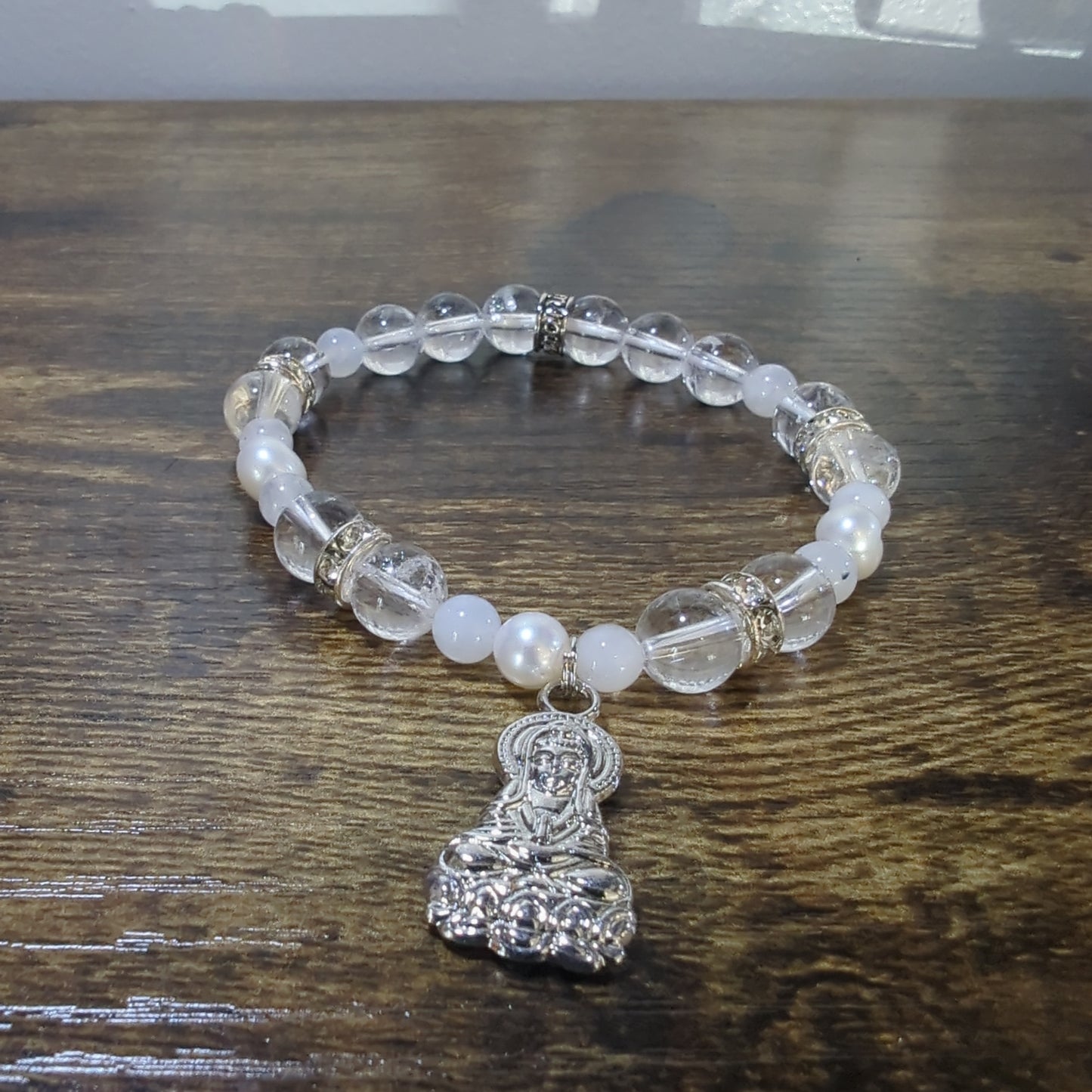 Crystal Qtz - Rbw Moonstone  Kuan Yin Charm Bracelet