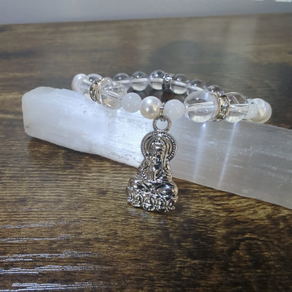 Crystal Qtz - Rbw Moonstone  Kuan Yin Charm Bracelet