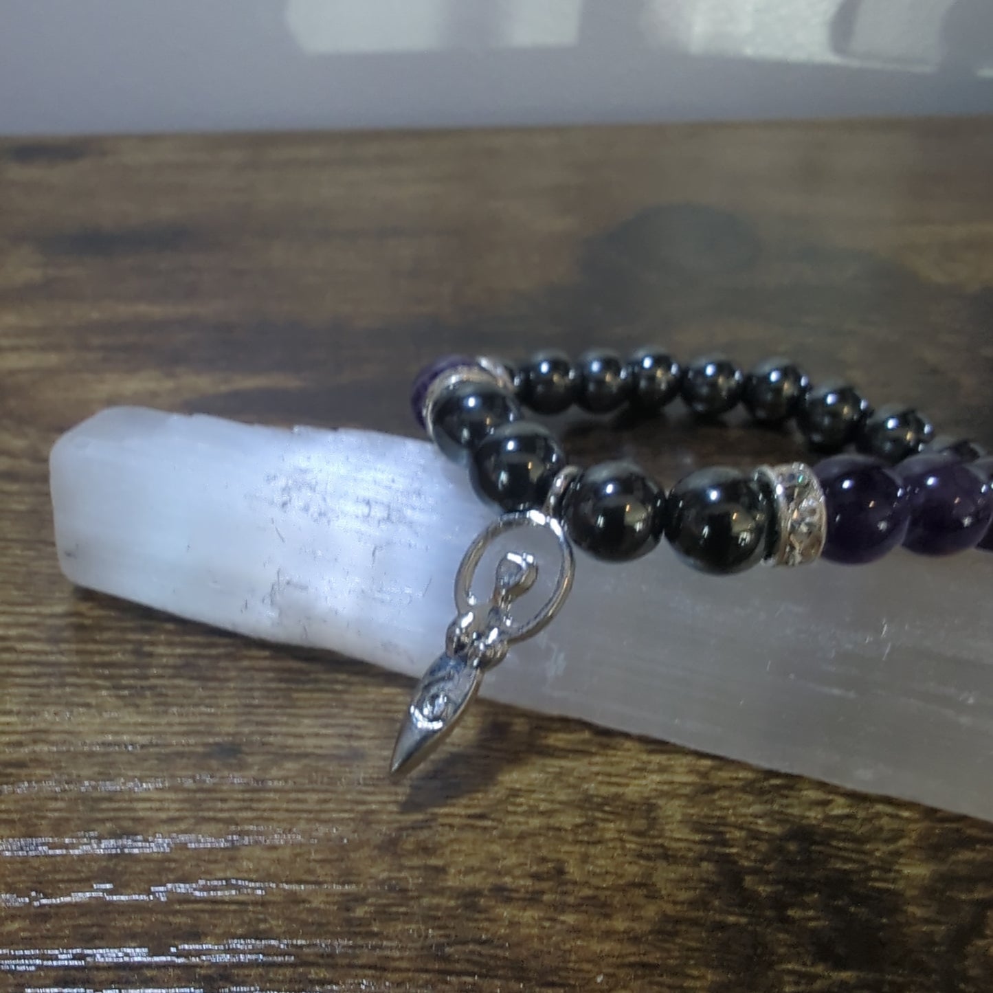 Amethyst Crystal- Hematite Goddess Charm Bracelet