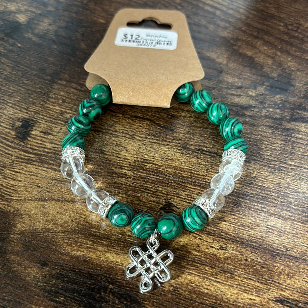 Malachite and Crystal Quartz with Celtic Knot Charm Bracelet